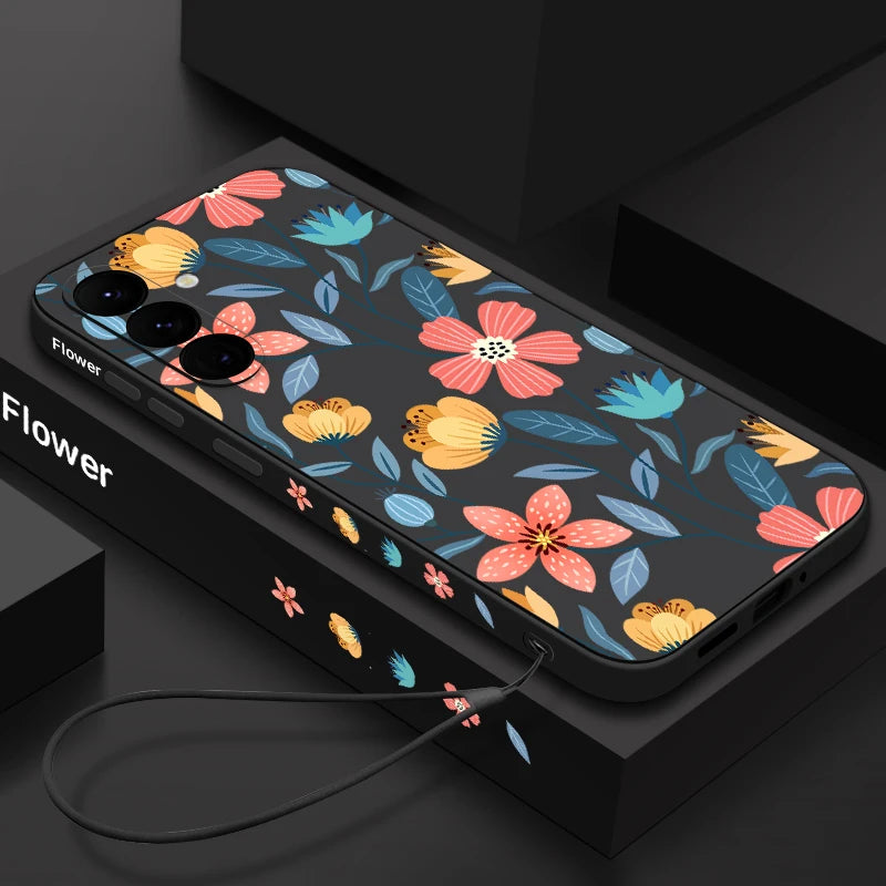 Colorful Flower Case For Samsung Galaxy S24 S23 S22 Ultra S21 S20 FE A56 A15 A35 A55 A52 A53 A54 5G S25 Silicone Lanyard Case