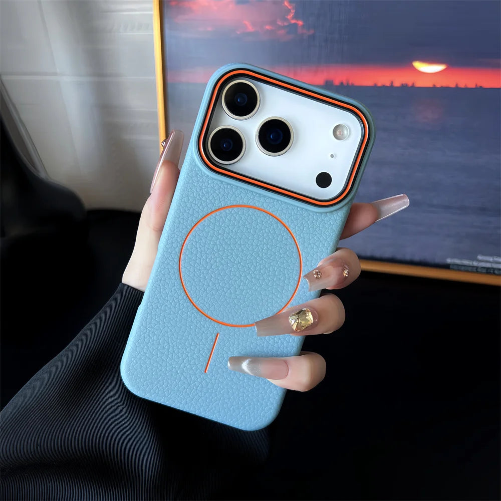 Frosted Hit Color Lichee Pattern Magnetic Phone Case For iPhone 17 Air 16 15 14 13 12 11 Pro Max Plus For Magsafe TPU Soft Cover