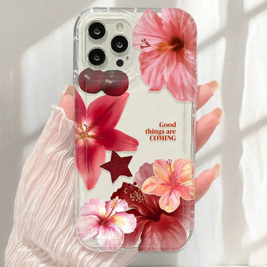 Cherry Flower Print Clear Case For iPhone 16 15 14 13 Pro Max 11 12 Mini X XR XS Max 7 8 Plus SE2 Stylish Shockproof Soft Cover