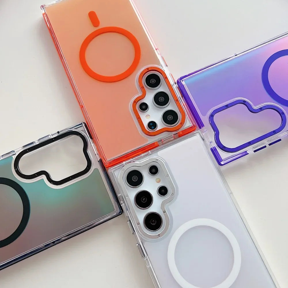 Metal Lens MagSafe Phone Case For Samsung Galaxy S25 S24 Ultra S23 Plus S22 S21 A53 A54 A55 Wireless Charging Discolour Cover