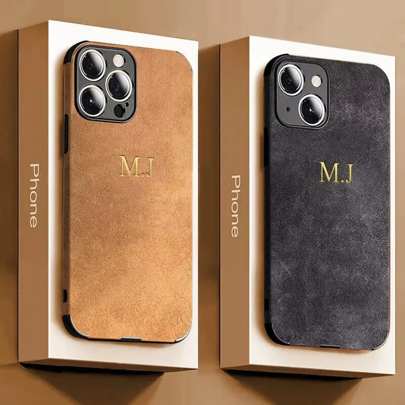 Personalized Initials Customized Name Case For iPhone 16 15 14 13 12 Pro Max Luxury suede Leather DIY Engraved Cover 11 Pro Max