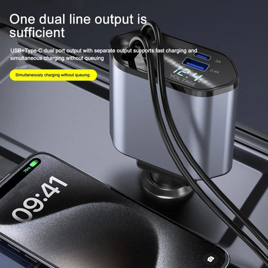 Car Charger Adaptor 120W Fast Charge USB Type C Fast Charger Cable with Retractable Cords Fit for iPhone 16/15/14/13/12 Samsung