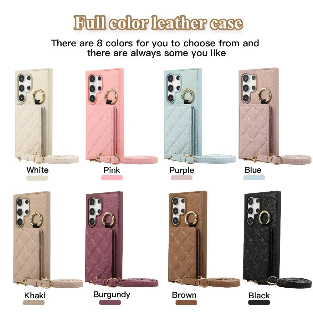 Crossbody Leather Phone Case for Samsung Galaxy S25 Ultra S24 FE S23 S22 Plus Mirror Wallet with Card Holder Protective Cover