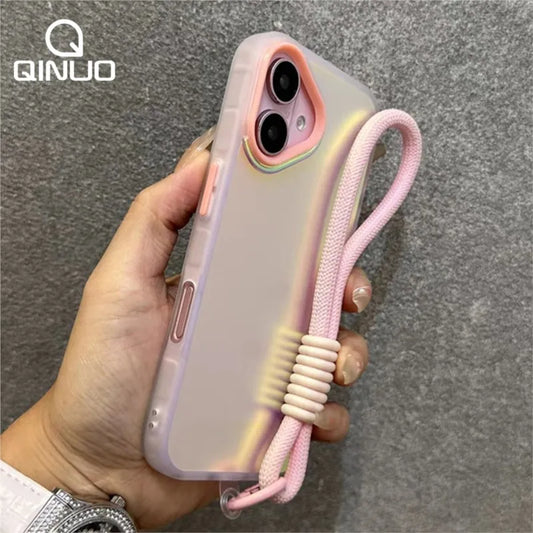 Glitter Laser Matte Wrist Strap Case For iPhone 16 15 14 13 12 11 Pro Max 8 7 Plus XR XS X SE Colorful Lanyard Shockproof Cover