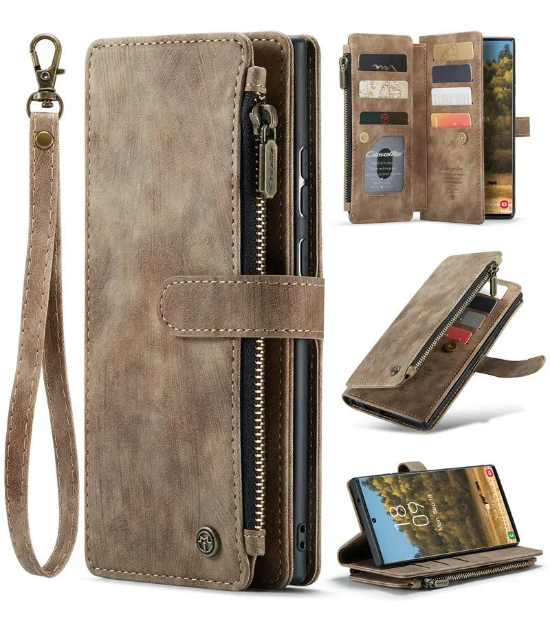 Leather Wallet Card Phone Case For Samsung Galaxy S25 Edge S24 FE S23 Ultra S22 Plus S21 S20 Note20 A56 A54 Zip Flip Stand Cover