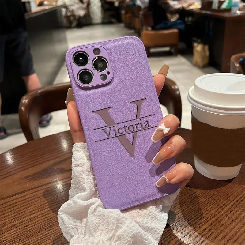 Personalized Customized Initials Name Case For iPhone 16 15 14 13 12 11 Pro Max Plus Big Letter Laser Engraving Leather Cover