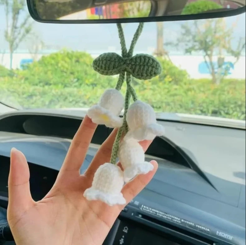 Lily Handmade Crochet Car Pendant Decoration Bluebell Flower Rearview Mirror of The Car Hanging Keychain Accessories Woman Gift