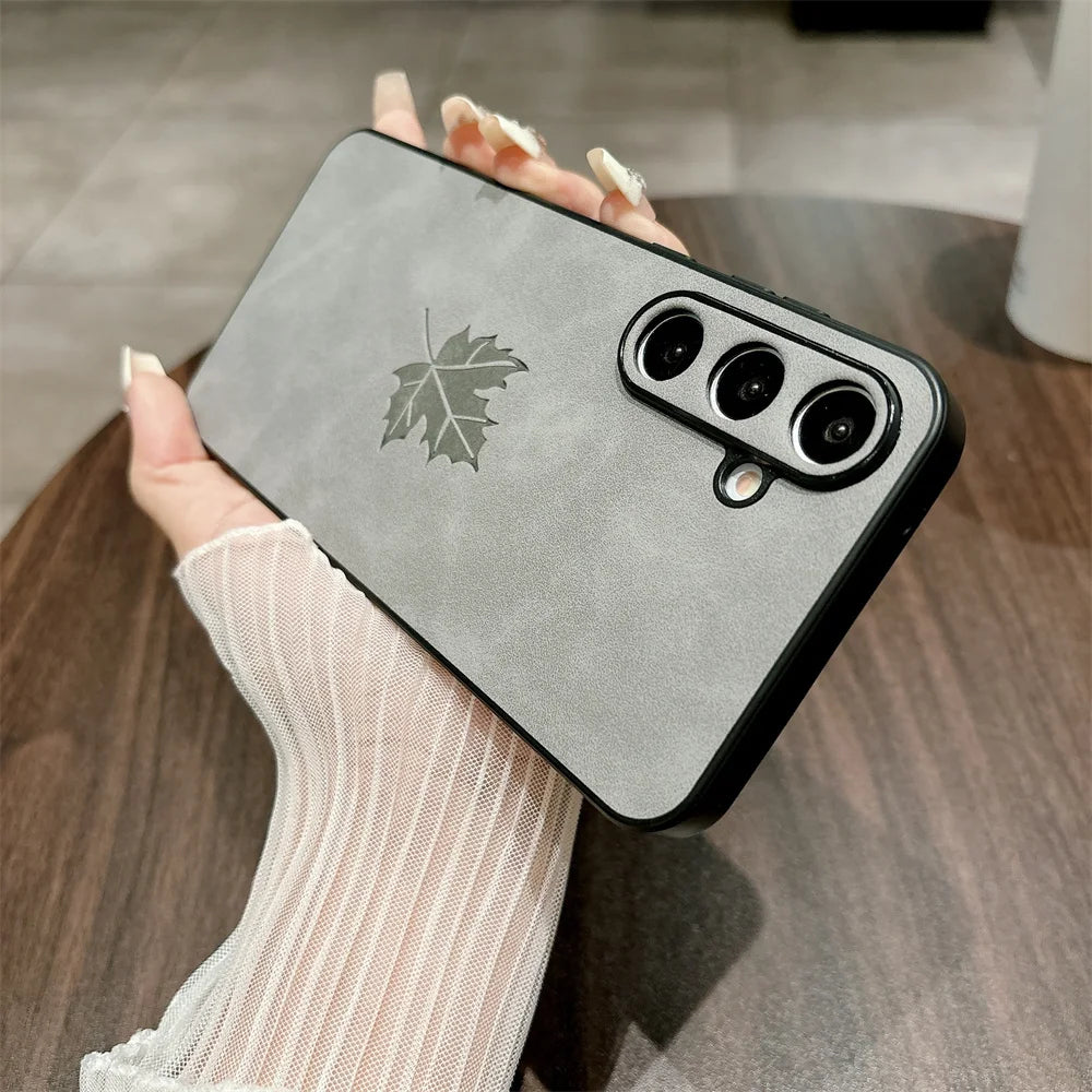 Luxury Lambskin Leather Maple Leaves Case for Samsung S25 S24 S23 S22 S21 Plus Ultra FE A55 A54 A53 A35 A34 A25 A24 A23 A15 A14