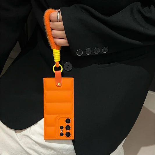 Fashion Down Jacket Lanyard Case for Samsung Galaxy S24 S23 S25 Ultra S22 Plus S21 S20 FE A54 A55 A15 A34 Hand Wrist Strap Cover