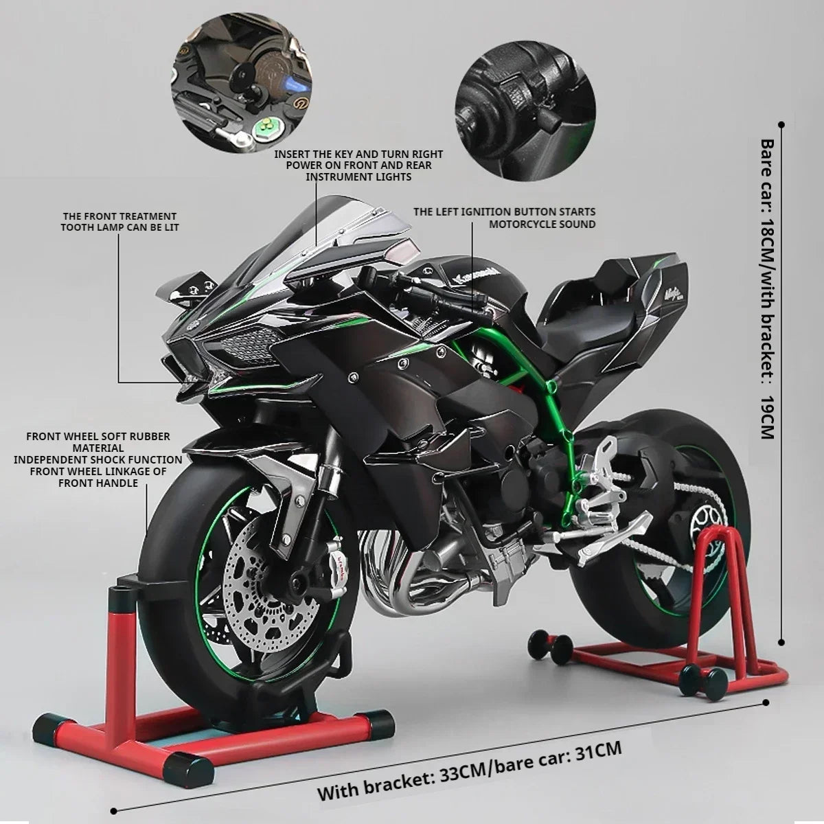 Ignition Start SuPer-Large high-End Spray Dynamic1:6 Kawasaki h2r Simulation Locomotive Motorcycle Alloy Car Model Oversized Toy