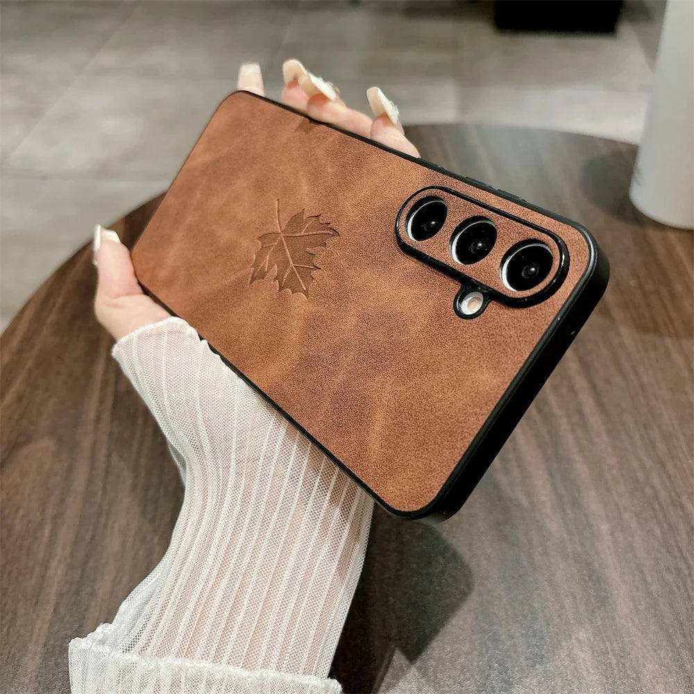 Luxury Lambskin Leather Maple Leaves Case for Samsung S25 S24 S23 S22 S21 Plus Ultra FE A55 A54 A53 A35 A34 A25 A24 A23 A15 A14