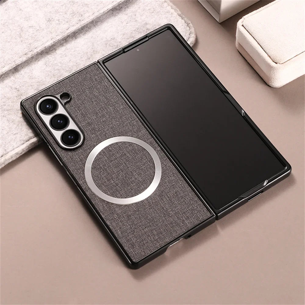 For Samsung Galaxy Z Fold 7 6 5 4 3 Case Cloth Pattern Magsafe Magnetic Cases For Galaxy Z Fold6 Fold7 Wireless Charging Cover