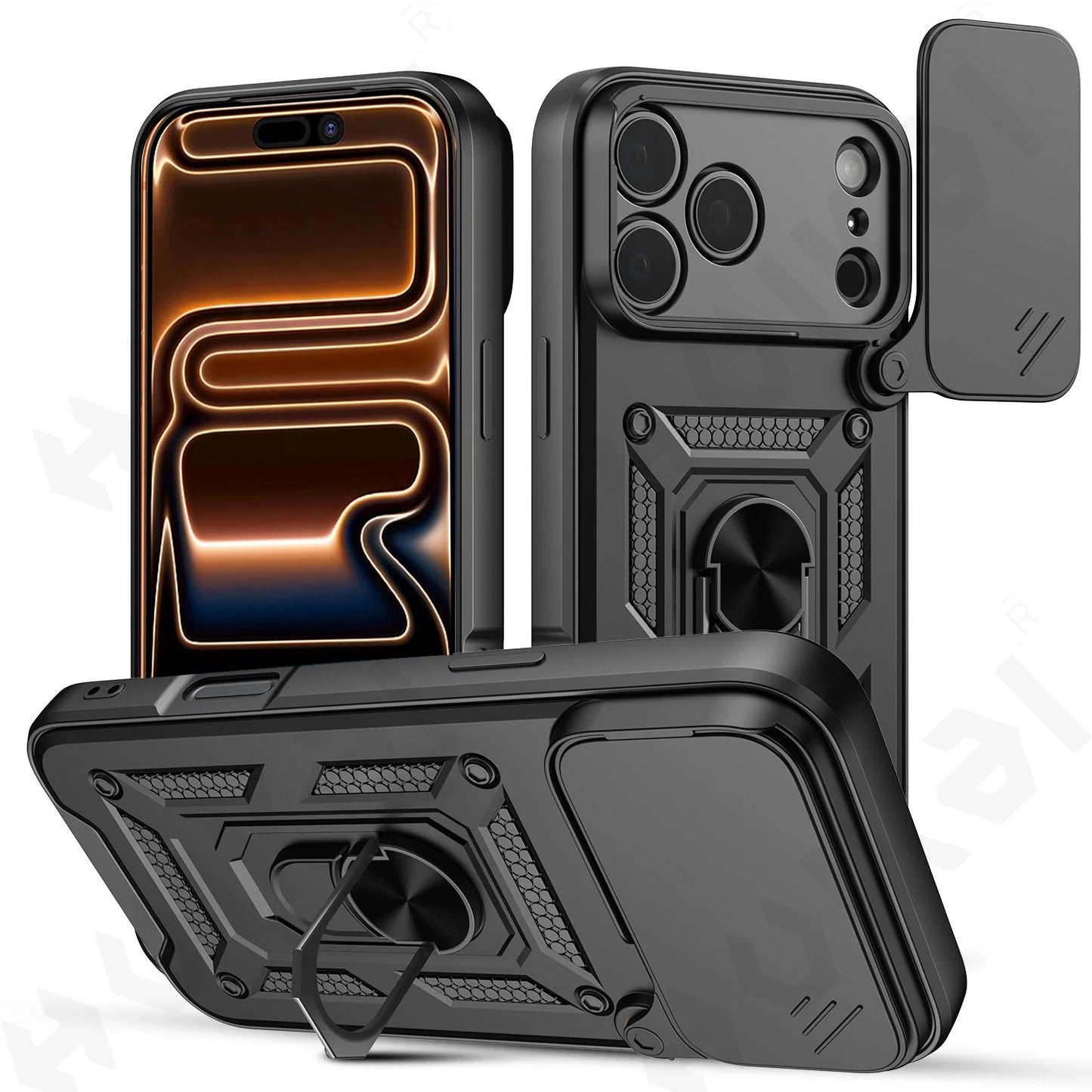 Shockproof Case For iPhone 17 16 15 14 13 12 11 Pro XS Max Plus Camera Lens Cover Phone Case with Ring Stand Armor rotate Cover