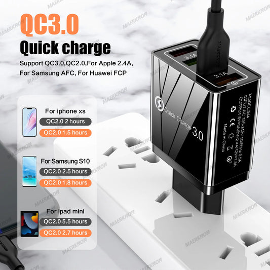 3A USB Charger 4 Ports USB Quick Charge 3.0 EU US Plug For iPhone Samsung Xiaomi Poco Fast Charging Mobile Phone Charger Adapter