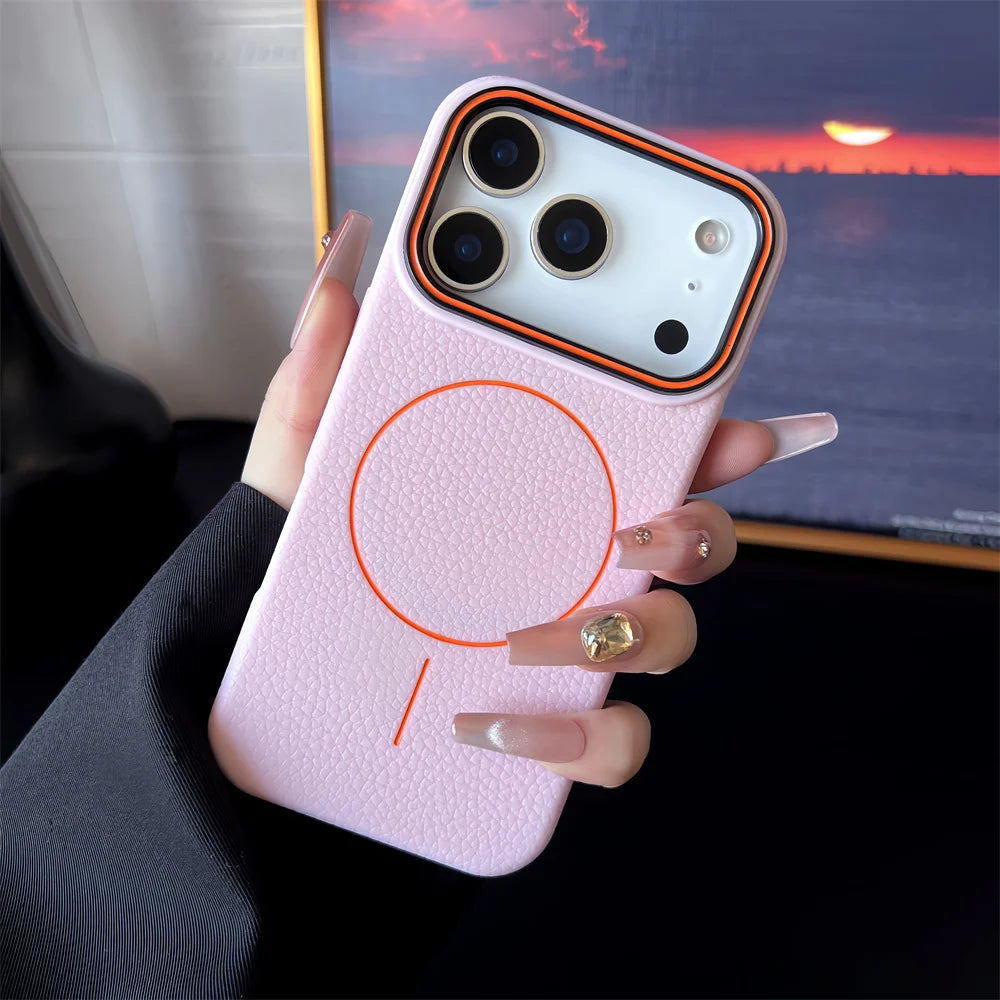 Frosted Hit Color Lichee Pattern Magnetic Phone Case For iPhone 17 Air 16 15 14 13 12 11 Pro Max Plus For Magsafe TPU Soft Cover
