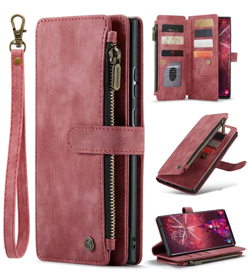 Leather Wallet Card Phone Case For Samsung Galaxy S25 Edge S24 FE S23 Ultra S22 Plus S21 S20 Note20 A56 A54 Zip Flip Stand Cover