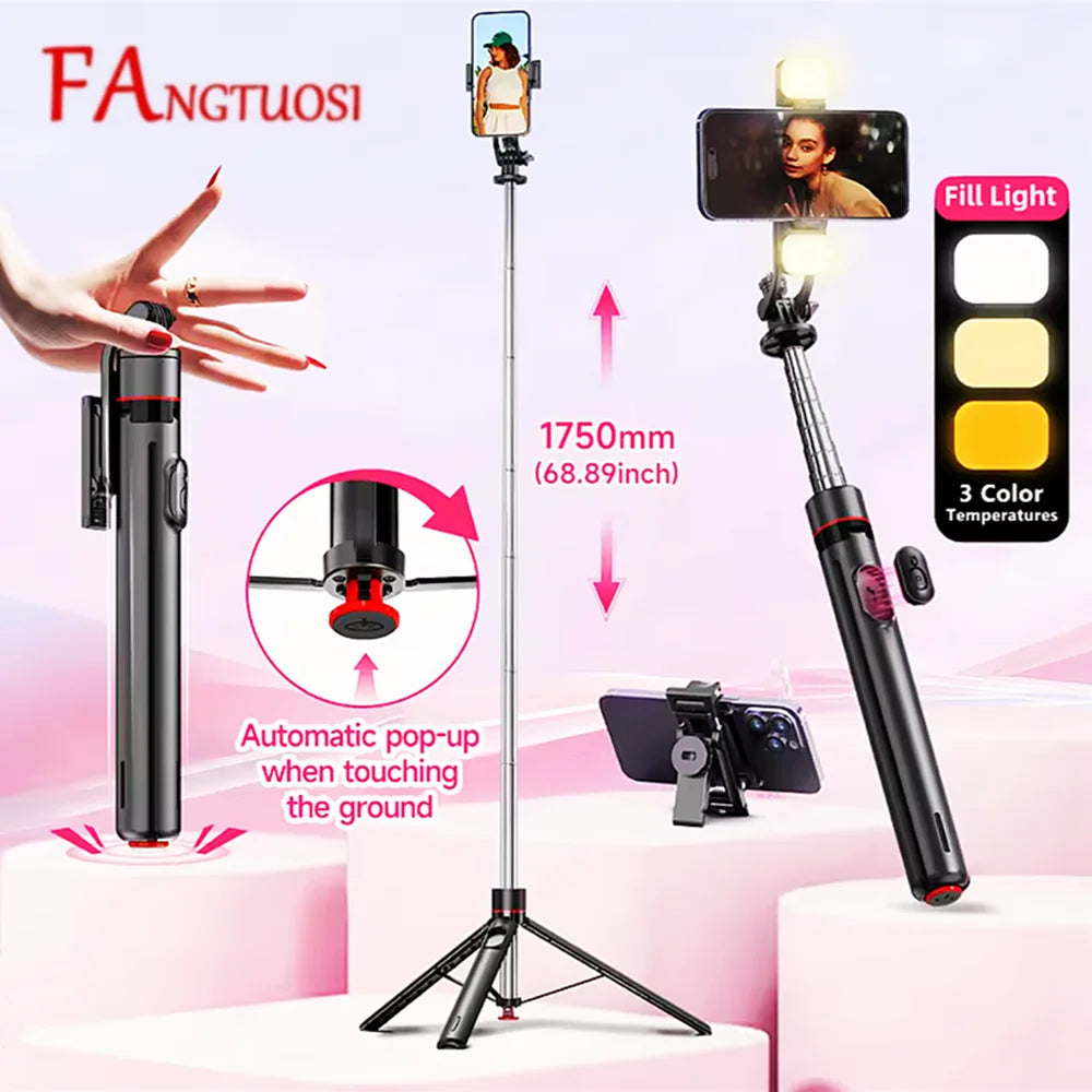 FANGTUOSI 2025 new 1.75M All In One Expandable Portable Phone Tripod Selfie Stick With Detachable BT Wireless Remote Compatible