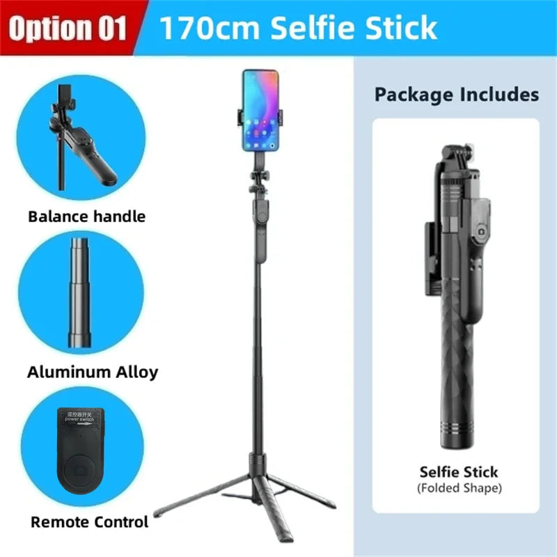BSLIUFANG 2025 1.7M 360° rotation wireless convenient remote control selfie stick tripod foldable stand with light smartphone