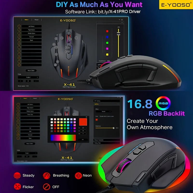 1pc E-YOOSO Wired Gaming Mouse with RGB Lighting, Macro Editing, Side Keys Ergonomic Compatible  Windows 7,  Office Use, Gaming