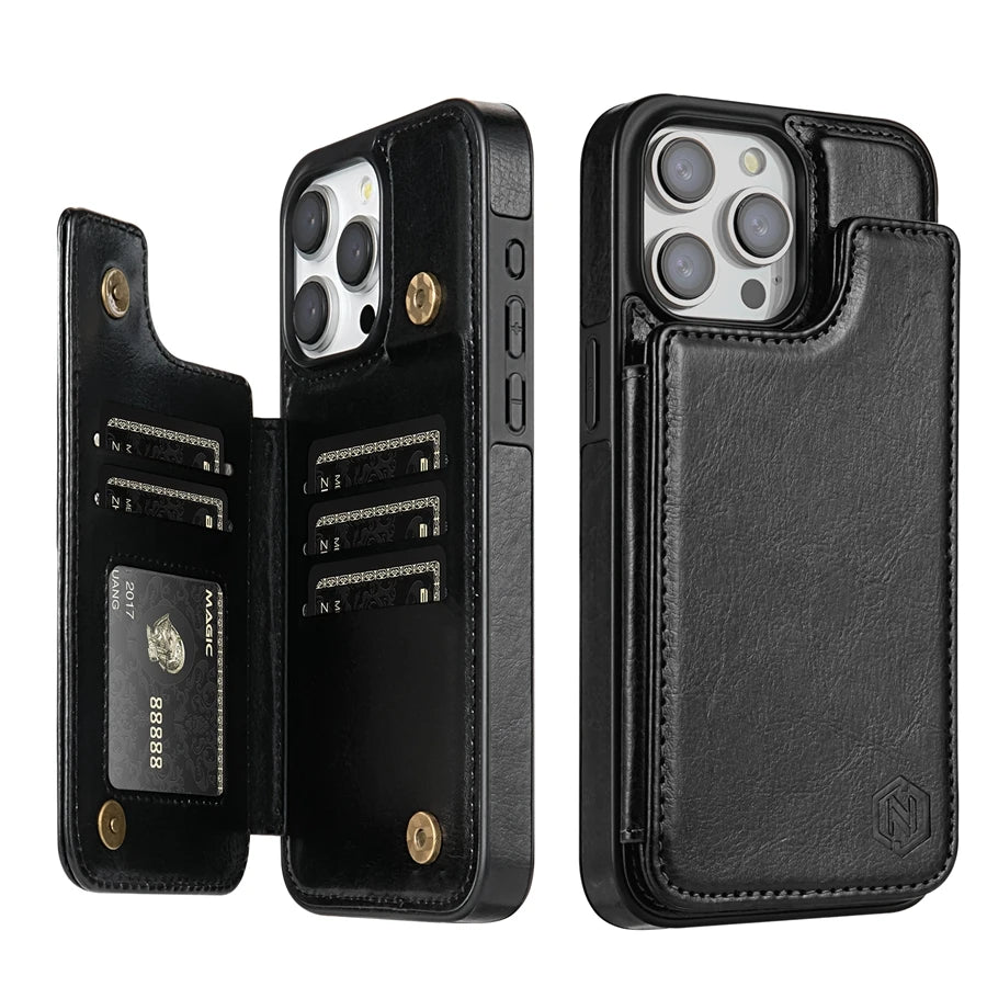 Wallet Solid Color Magnetic Double Buckle RFID Blocking Card Leather Case For iPhone 15 Pro Max 14 Plus 13 12 11 XR XS SE 2 8 7