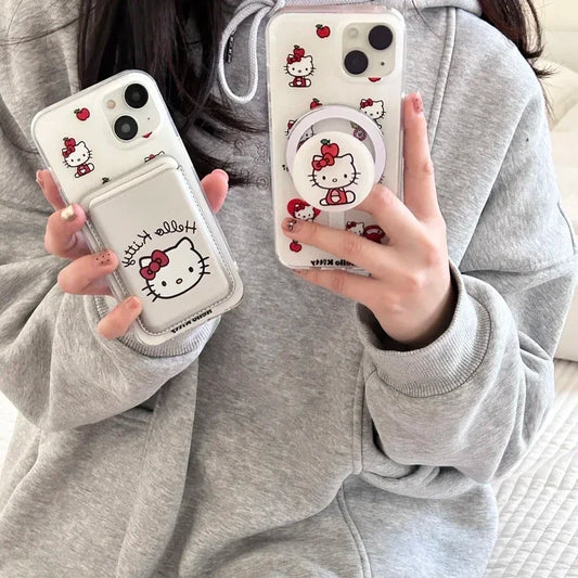 Cute Sanrio Hello Kitty Magnetic Wallet Bracket Magsafe Wireless Charge Phone Case For iPhone 16 15 14 13 12 11 Pro Max Cover
