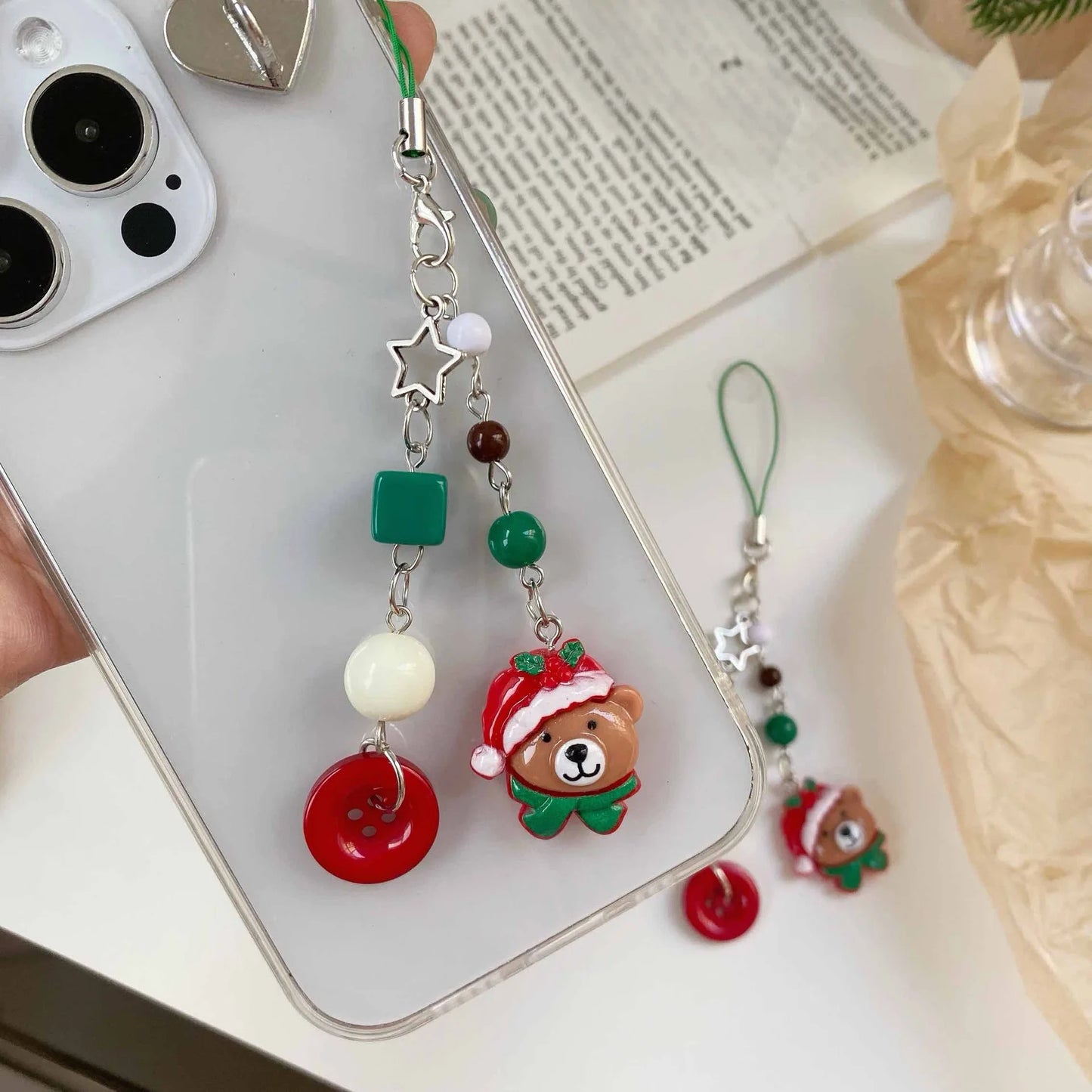 Christmas Phone Lanyard Gingerbread Man and Bear Pendant Christmas Tree Holiday Gifts Animal Beaded Phone Chain Keychain