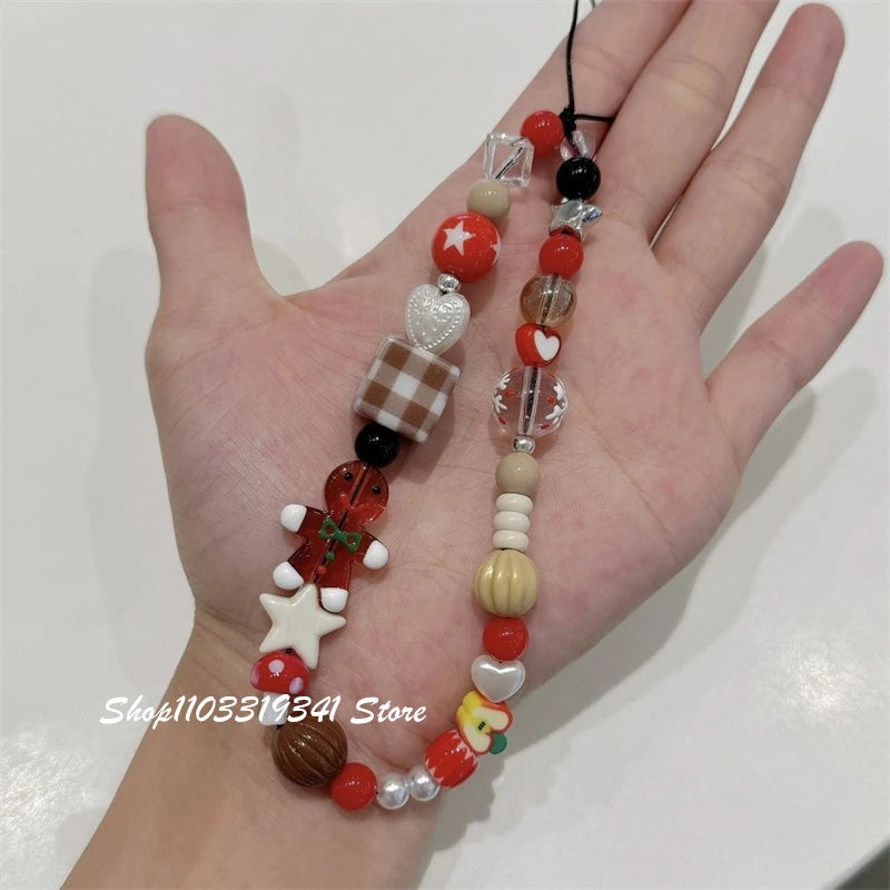 Cute Christmas Cookie Man Beaded Phone Charm Chain For Phone Case Phone Straps Accessories Anti-Lost Keychain Lanyard Girl Gift