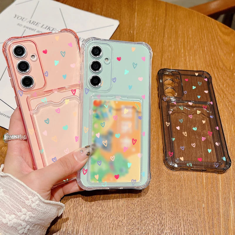 Card Bag Wallet Case For Samsung Galaxy S25 Edge S24 Ultra S23 S24 FE A55 A35 A25 A15 A16 A56 5G A06 Tiny Hearts TPU Phone Cover