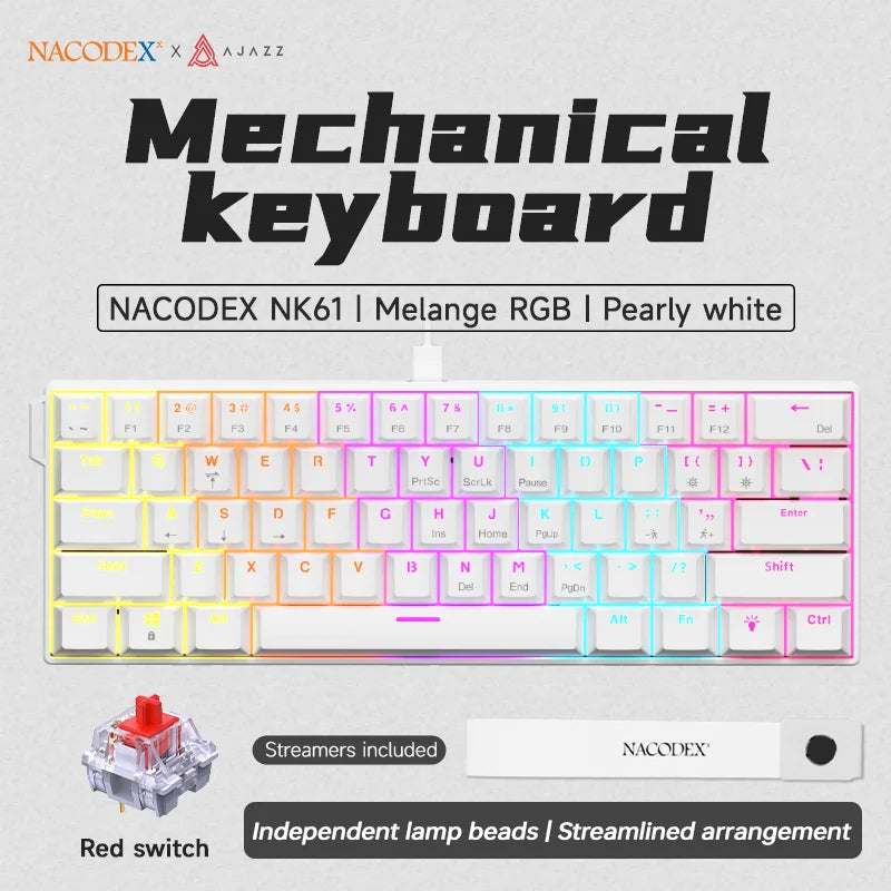 AJAZZ NK61 Wired Gaming Mechanical Keyboard 60% RGB Hot-Swappable 61 Keys Red Switch Mini Keyboard for Gamer PC