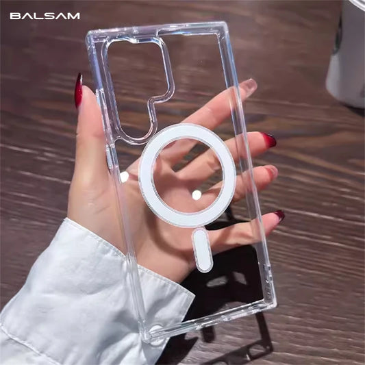 Luxury MagSafe Magnetic Wireless Charge Case For Samsung Galaxy S25 S24 S23 S21 FE S22 Plus Ultra Shockproof Clear Acrylic Cover