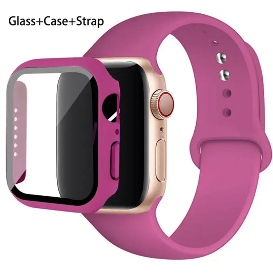 Glass+Case+Strap For Apple Watch band 45mm 44mm  42mm 41mm 40mm 38mm Silicone watchband bracelet iWatch series 8 9 7 6 5 4 3 SE