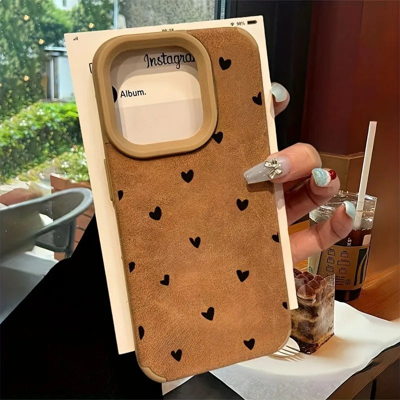 Small Love Heart Luxury Matte Lambskin Faux Leather Phone Case For iPhone 17 16 Pro Max 15 14 13 12 11 XS Max XR X 16 Plus Cover