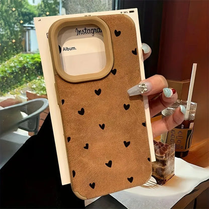 Small Love Heart Luxury Matte Lambskin Faux Leather Phone Case For iPhone 17 16 Pro Max 15 14 13 12 11 XS Max XR X 16 Plus Cover