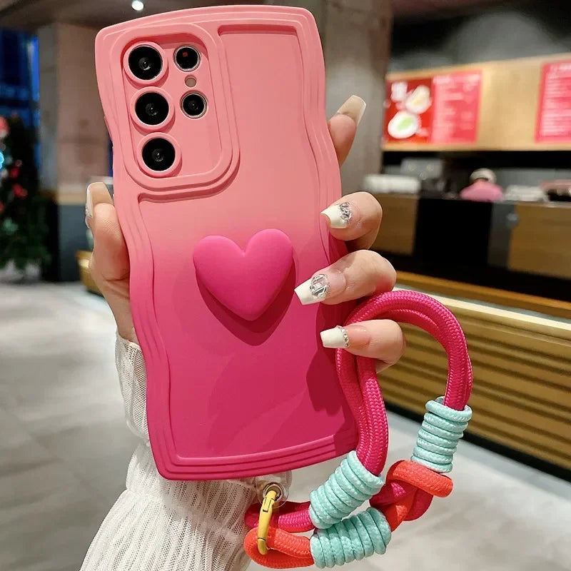 Love Heart Gradient Wrist Strap Case For Samsung Galaxy S25 Ultra S24 FE S23 S21 S20 S22 Plus Note 20 A55 A535 A25 A15 5G A05s