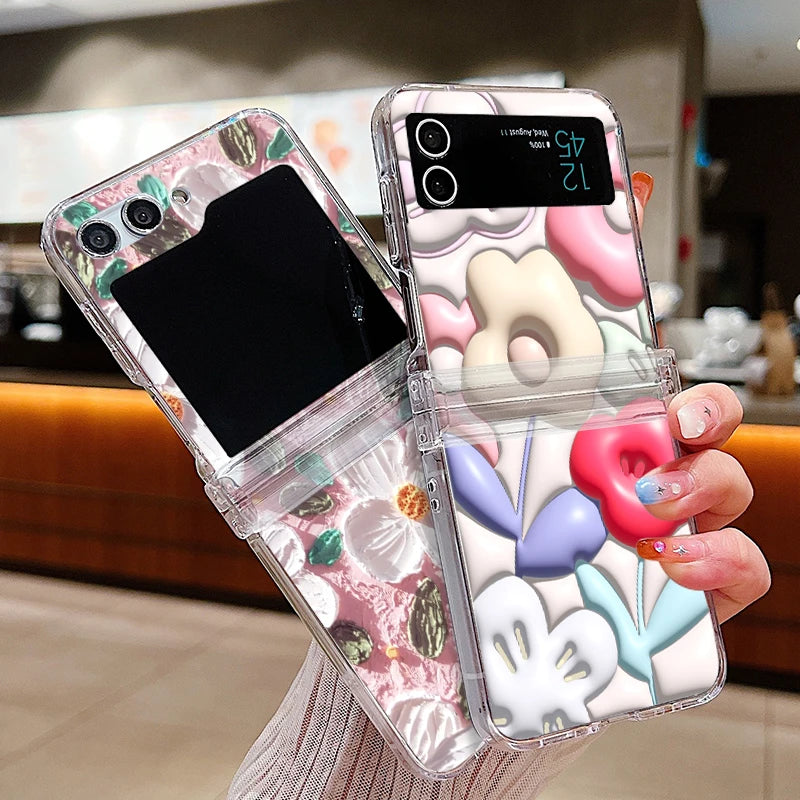 Oil Painting Flower Clear Case For Samsung Galaxy Z Flip 7 6 5 4 3 5G Folding Hard Phone Cover For Samsung Z Flip5 Flip4 Flip3