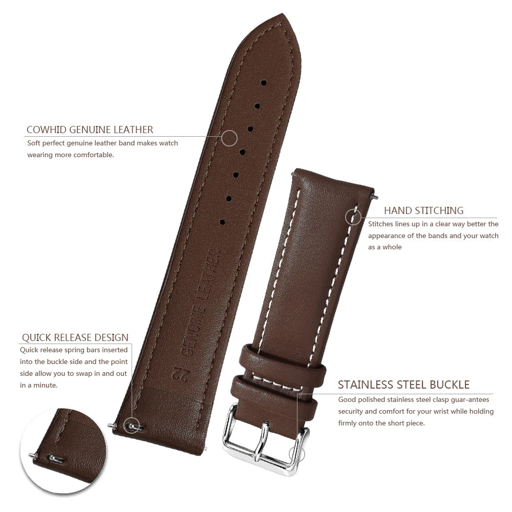Top Grain Genuine Leather Watch Band, Quick Release 12/14/16/18/19/20/21/22/24 mm Watch Straps, Replacement Bands for Men Women