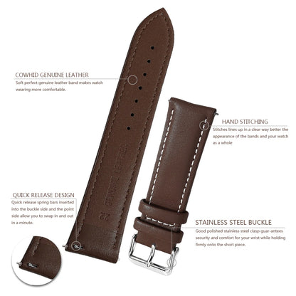 Top Grain Genuine Leather Watch Band, Quick Release 12/14/16/18/19/20/21/22/24 mm Watch Straps, Replacement Bands for Men Women