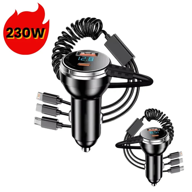 230W Car Charger Fast Charging USB Type-C PD QC3.0 with Retractable Cable Universal Phone Adapter for iPhone Samsung Xiaomi