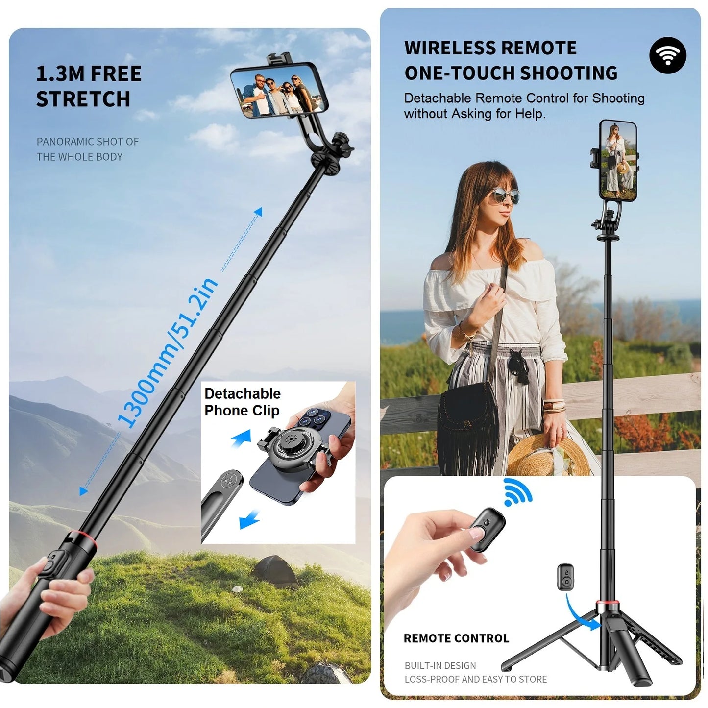 Magnetic Selfie Stick Tripod for iPhone, 51" Phone Tripod Stand Compatible with Magsafe Travel Tripod for iPhone Android Phones