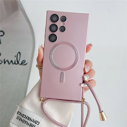 Lanyard Crossbody Necklace Magnetic Charge Case For Samsung S25 S24 S23 Ultra S22 S21 Plus S20FE Note 20 Matte Cover For Magsafe