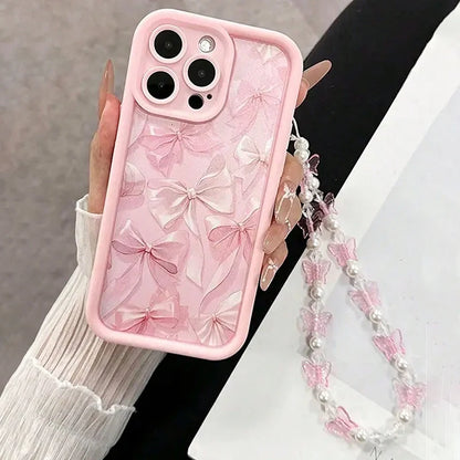 Pink Bow Pattern Silicone Phone Case For iPhone 16 Pro Max 15 14 13 12 11 Pro Max 16E X XS XR 7 8 Plus Butterfly Charm Cover