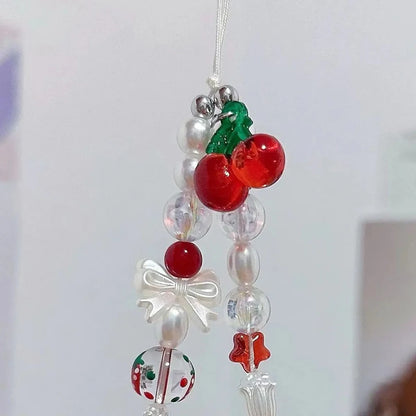 Cute Cherry Bow Pearl Beads for Girls, Phone Charm Strap, Lanyard for Keys, Decoration for iPhone, Christmas Gift