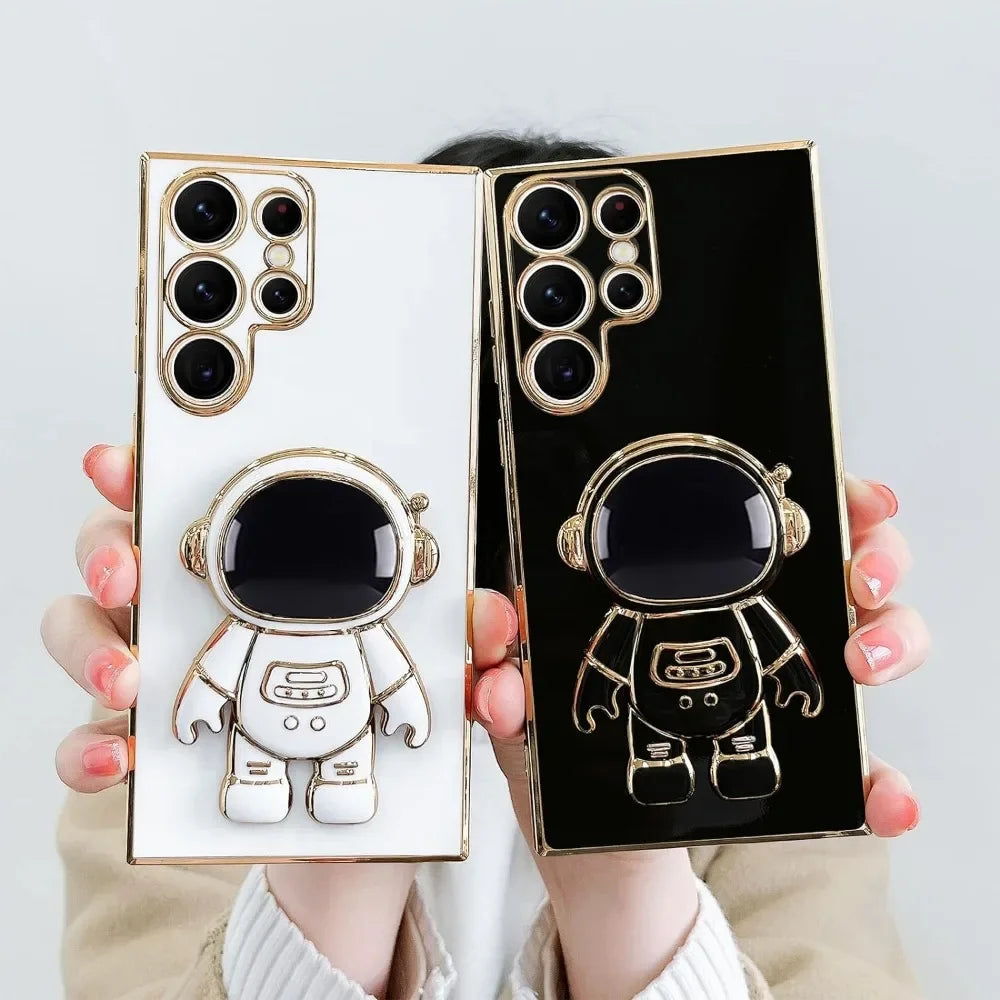 Luxury Astronaut Stand case for Samsung Galaxy S21 S22 S23 S24 S25 FE Ultra Plus Slim Fit Soft Shockproof  Electroplated Cover