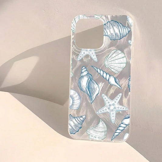 Seashell Starfish Pattern Phone Case For iPhone 16 11 14 15 13 Pro Max 16E 14 15 7 8 Plus X XS Max XR SE2 Feather Texture Cover