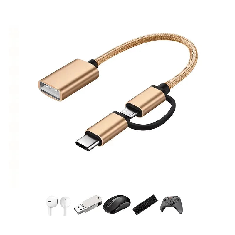 2-in-1 Micro USB USB C to USB3.0 OTG Cable Adapter New Condition Type C Male USB Female Converter MacBook Pro Charging Function