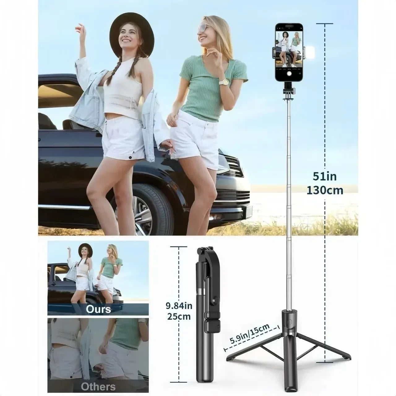 Portable selfie stick tripod, adjustable beauty fill light Bluetooth remote control for iPhone Samsung phone