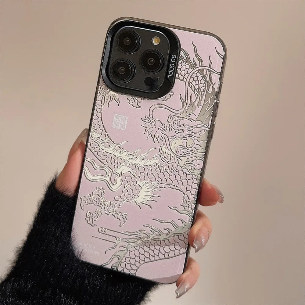 Luxury Dragon Embossed Phone Case for iPhone 15 Pro Max Plus 14 13 12 11 Pink Purple Green Black White Shockproof Phone Cover