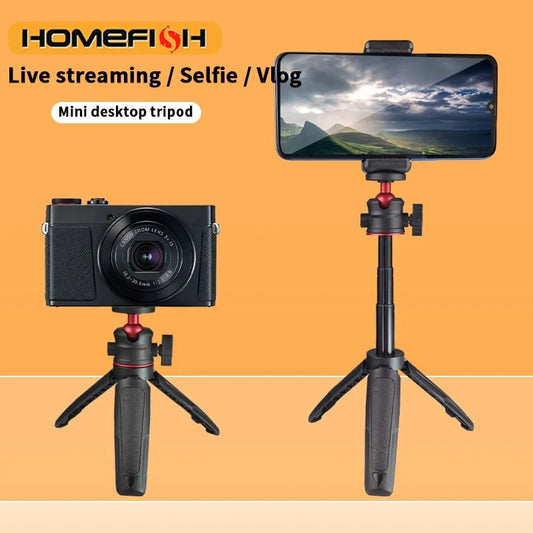 Portable extendable tripod for DSLR cameras, mobile phones, and desktops. Handle for live streaming.
