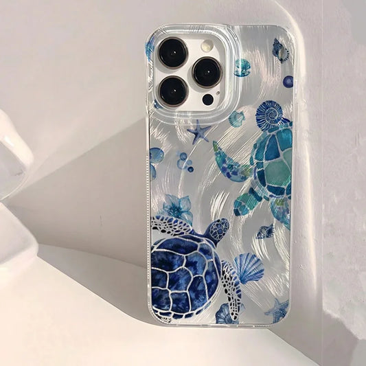 Summer Cool Turtle Pattern Phone Case for iPhone 16 16e 15 14 13 12 11 Pro Max X Xs XR XSMax 8 7 Plus Chiffon Texture Back Cover