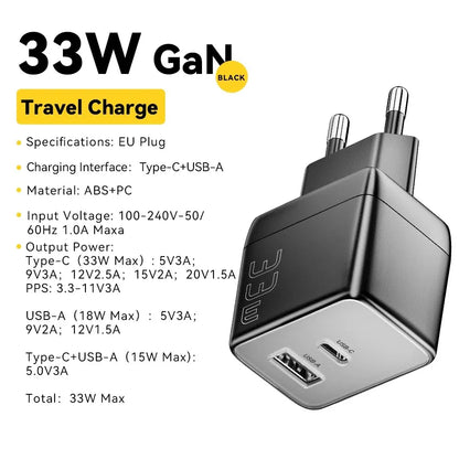 Essager GaN 33W USB Charger Fast Charger PD QC 3.0 USB C Charger Quick Charger For iPhone 14 13 Travel Charger for Samsung S21
